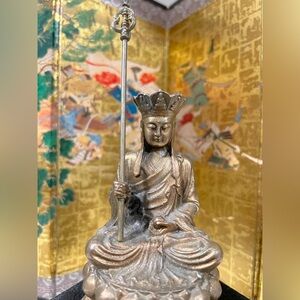 Antique Gilded Bronze Buddha with Staff Statue